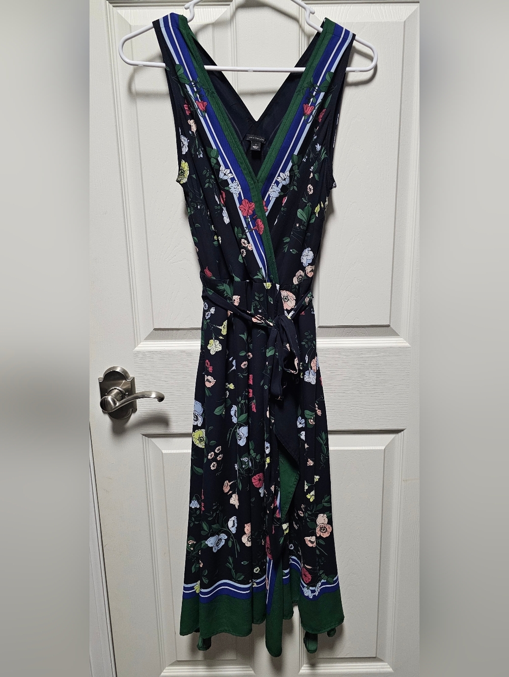 Ann Taylor Navy Floral Faux Wrap Dress with Belt and Handkerchief Hem - Size 2